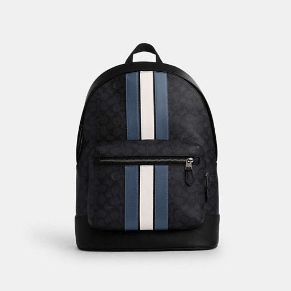 West Backpack In Signature Canvas With Varsity Stripe